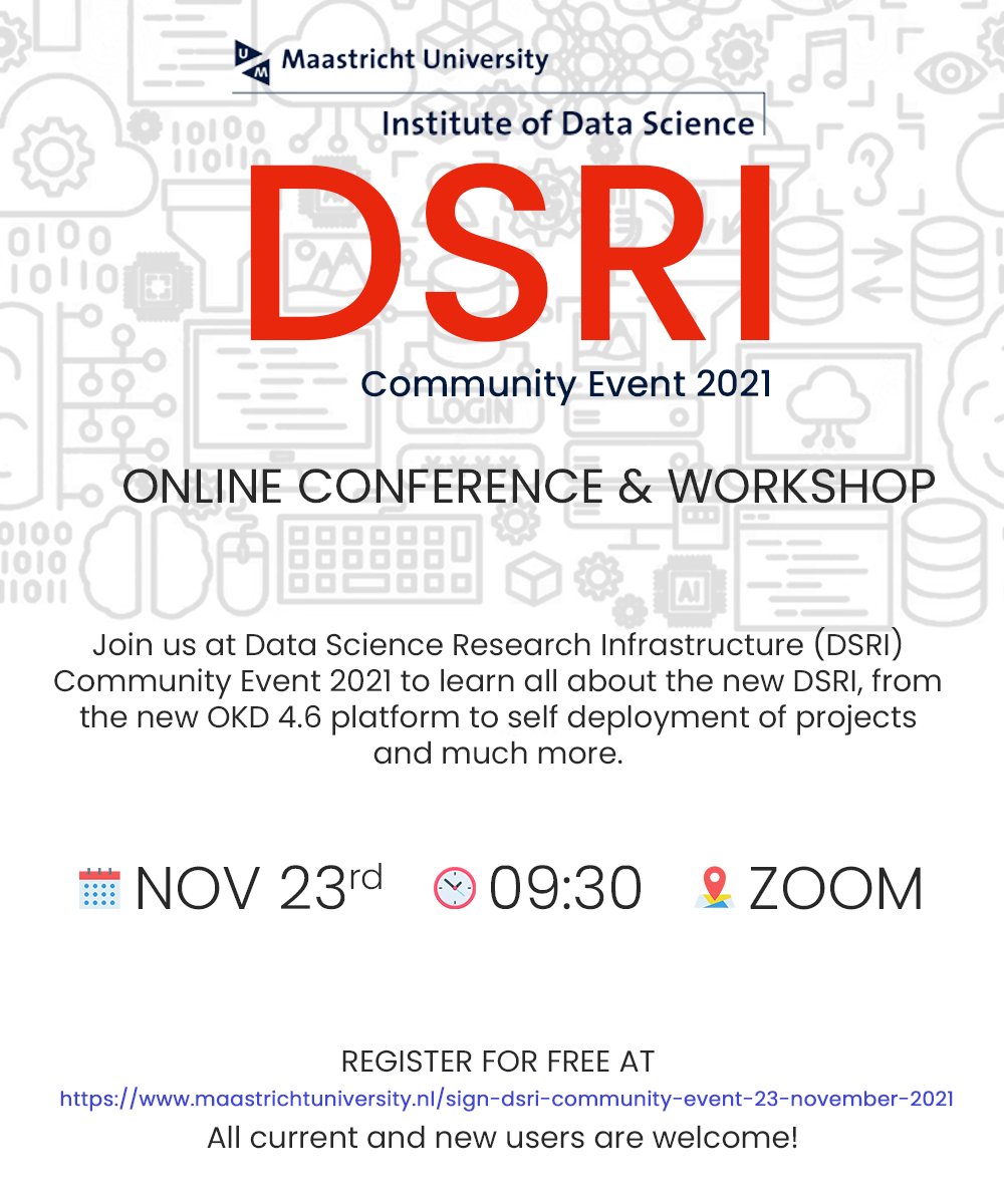 Join the DSRI Community Event on Wednesday 23 November!!

Time:
09:30 to 14:00 hrs.

Place:
Online

Event website:
lnkd.in/e2PGQK-j

DSRI website: lnkd.in/eAksvfR

#datascience #umdatascience #DSRI #workshop #research #DataScientists