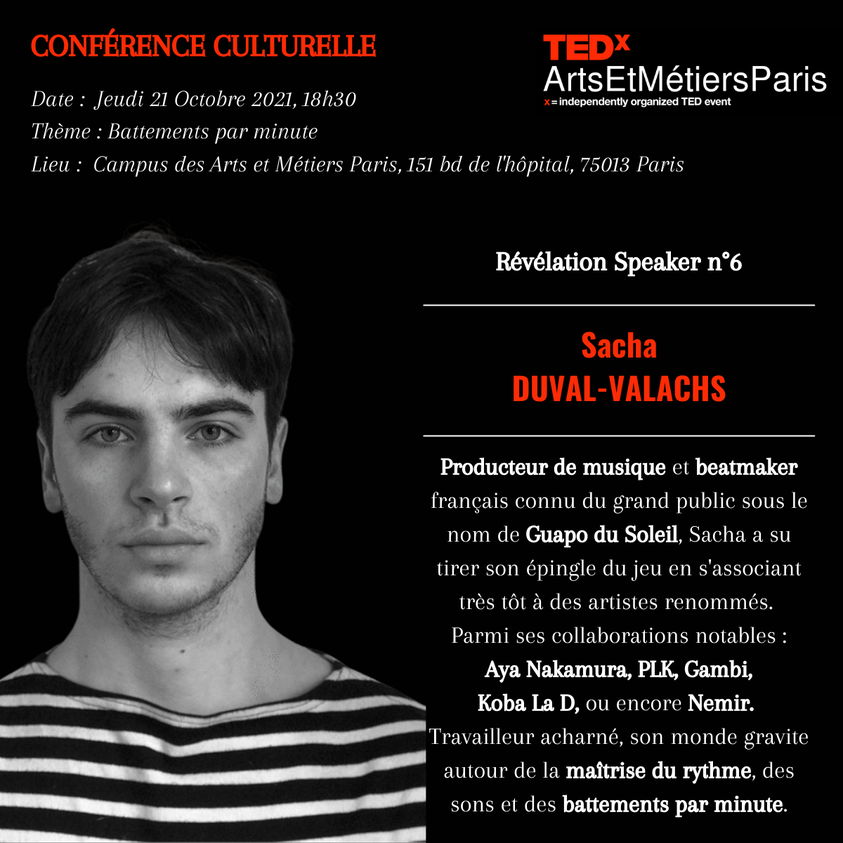 TEDxAM's tweet photo. Pour bien commencer la semaine, voici la révélation de notre 6ème speaker : Sacha DUVAL-VALACHS ! 

Lien de la billetterie : https://t.co/HfDwfLIJeO

#TEDxArtsEtMétiersParis #TEDx #ArtsetMétiers #ENSAM https://t.co/3EZ0QgIssS