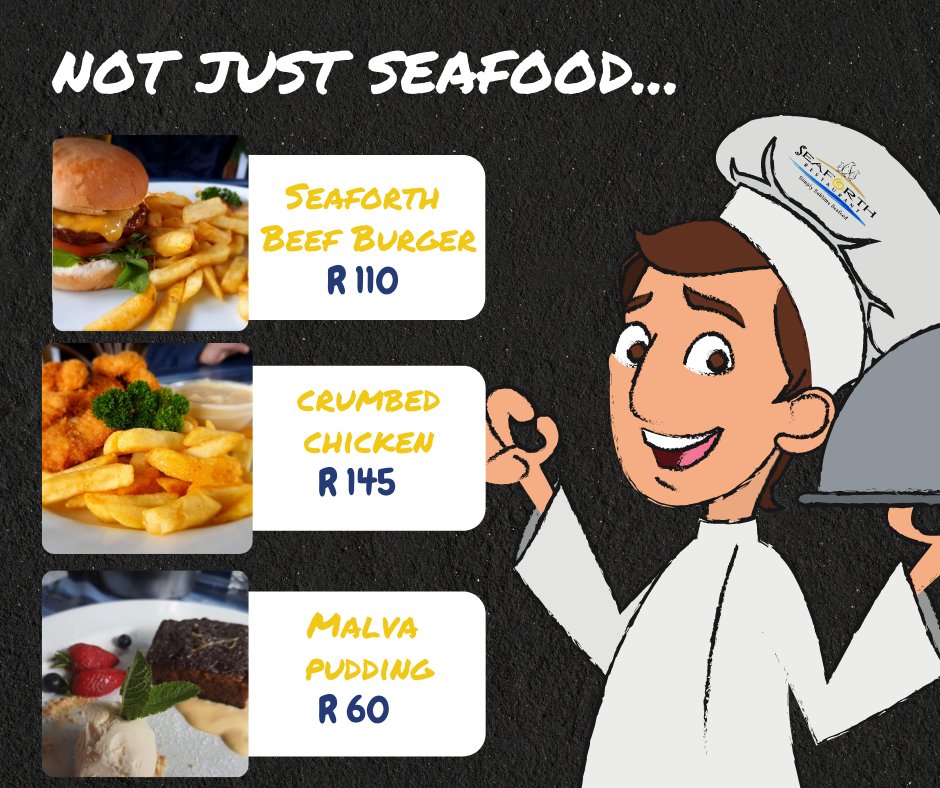 Our new menu is super exciting and has a variety of fabulous meals, not just seafood. So next time you visit, make sure to try one of these... Book now: 021 786 4810.

#specials #seaforthrestaurant #restaurants #seaforthbeach #simonstownsouthafrica  #capetownrestaurants