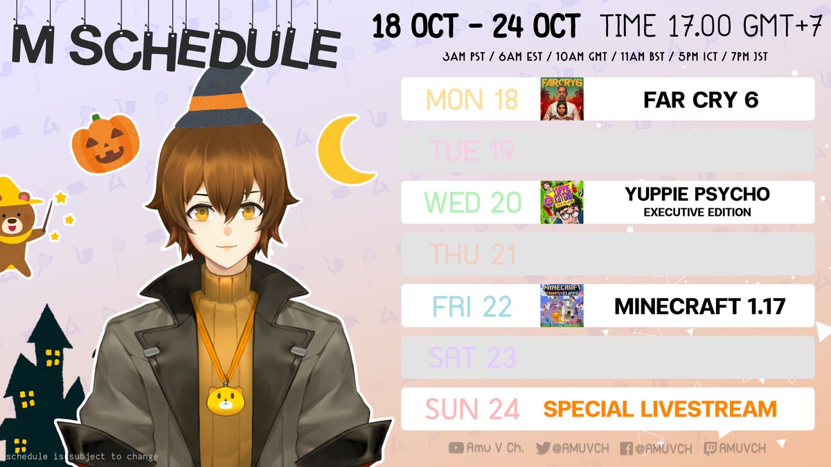 AmuVCh's tweet photo. ✦ Weekly Schedule ✦
18 - 24 October | 17:00 GMT+7
[Hashtags]
General: #AmuVCH | Live Stream: #AmuTime
Art Tag: #ARTAMU | Meme: #MMMEEE
Fan Name: #MSuki | Info/Data: #MCase
The schedule is subject to change
กำหนดการอาจมีการเปลี่ยนแปลง
#VTuber #VTuberTH #MSchedule https://t.co/pdnrRHbNSw