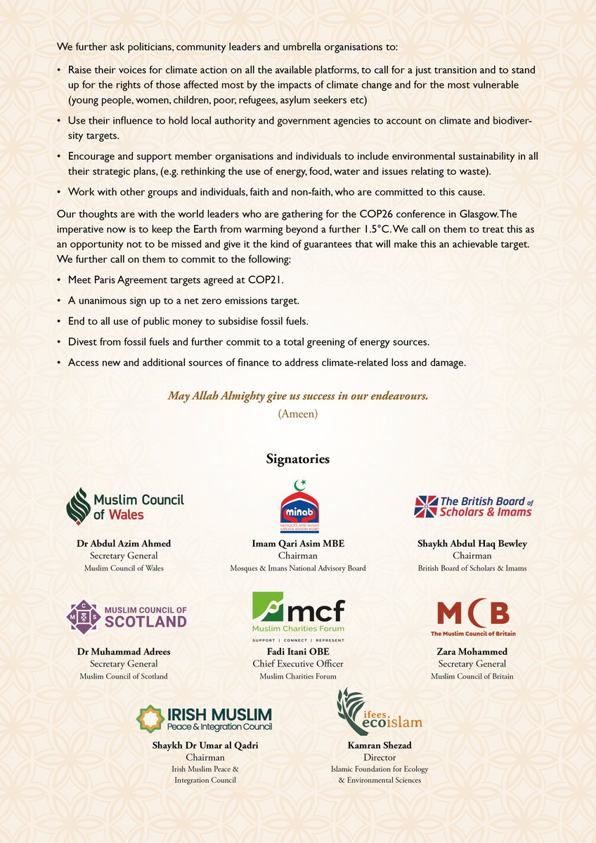 EcoIslam_IFEES's tweet image. BREAKING NEWS: In a first of its kind, Muslim umbrella organisations in the UK &amp;amp; Ireland have issued a joint statement #Faiths4Climate

In a strong show of unity, Muslims are calling for #ClimateAction at #COP26 &amp;amp; in grassroots communities. Read more here ifees.org.uk/news-posts/mus…