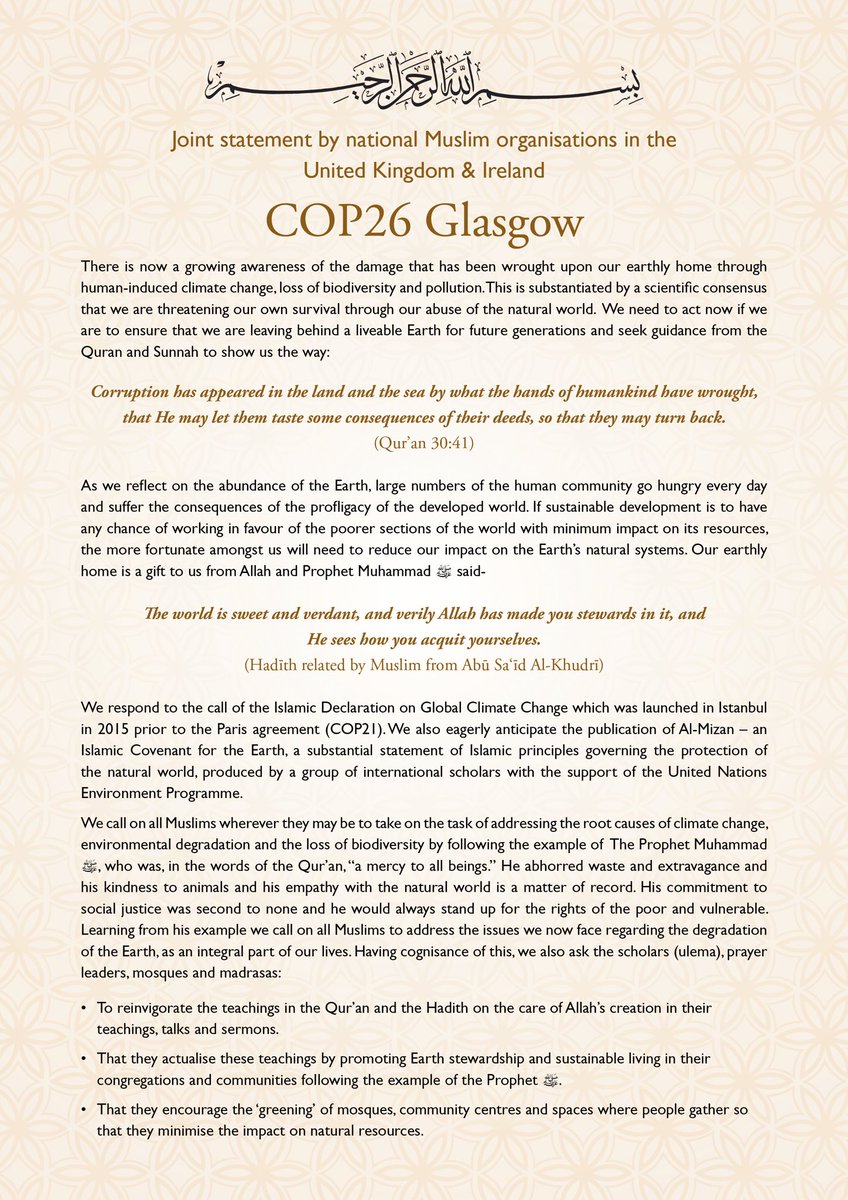 EcoIslam_IFEES's tweet image. BREAKING NEWS: In a first of its kind, Muslim umbrella organisations in the UK &amp;amp; Ireland have issued a joint statement #Faiths4Climate

In a strong show of unity, Muslims are calling for #ClimateAction at #COP26 &amp;amp; in grassroots communities. Read more here ifees.org.uk/news-posts/mus…