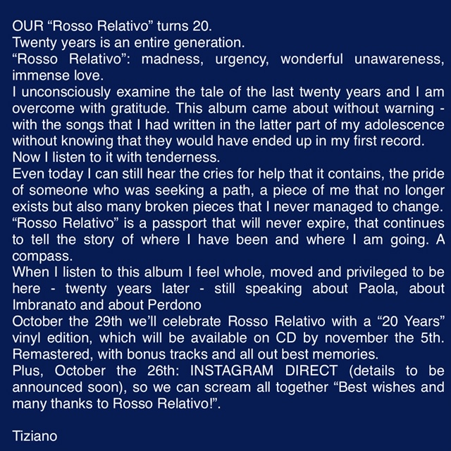 TizianoFerro's tweet photo. Il NOSTRO "Rosso Relativo" sta per compiere 20 ANNI.
Scopri di più >  https://t.co/eWqA2imp3b
#RR20 https://t.co/NwpaR3VIX8