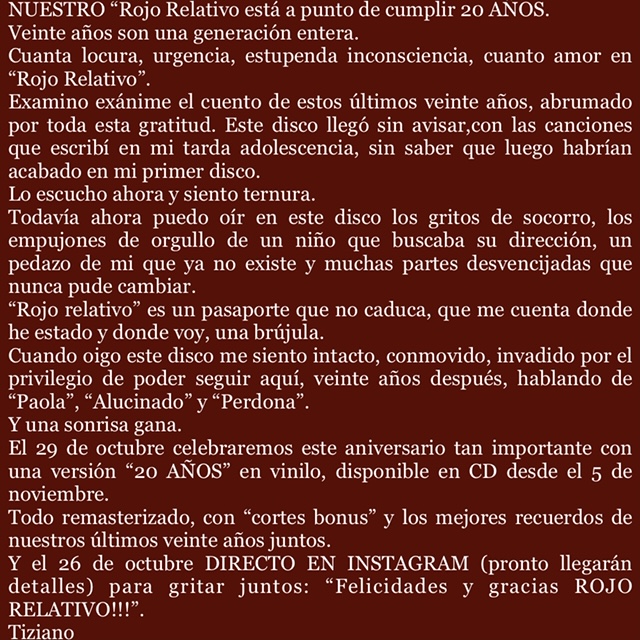 TizianoFerro's tweet photo. Il NOSTRO "Rosso Relativo" sta per compiere 20 ANNI.
Scopri di più >  https://t.co/eWqA2imp3b
#RR20 https://t.co/NwpaR3VIX8