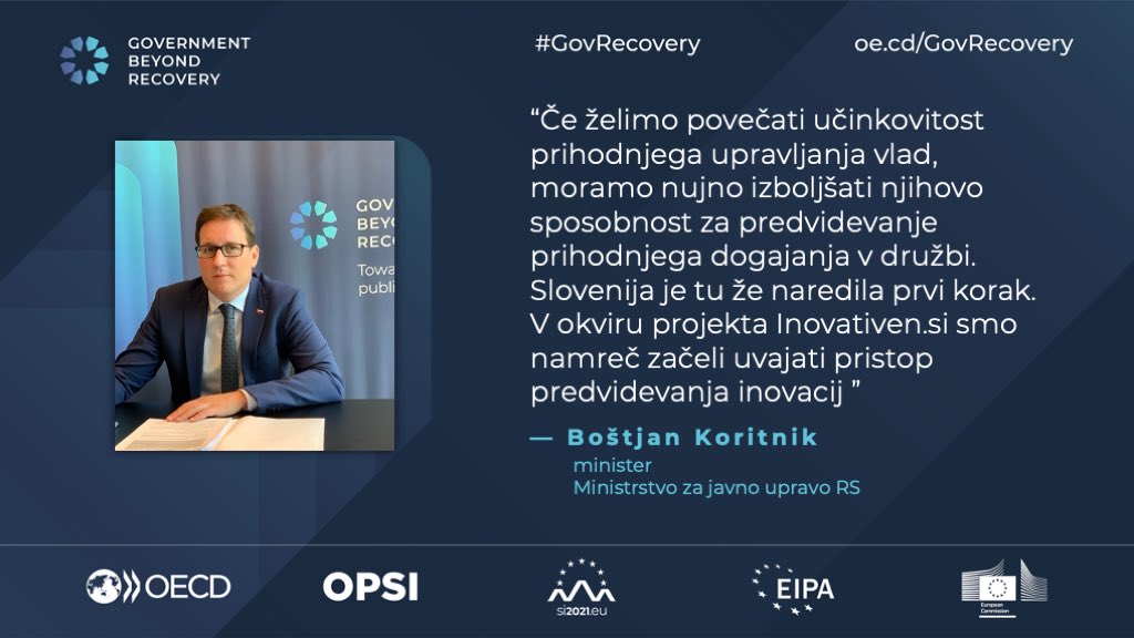 mju_RS's tweet image. Na panelu #Govrecovery je nastopil minister za javno upravo @BostjanKoritnik, ki je v svojem nastopu izpostavil projekt ministrstva za javno upravo @inovativen💡 in študijo #Ageandtalentmanagment📑. 
@OECDgov @eu_eipa @EU2021SI @govSlovenia @vladaRS