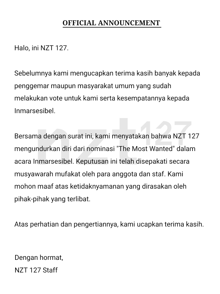 NZT127_official's tweet photo. ㅤㅤㅤㅤ
ㅤㅤㅤㅤㅤㅤㅤㅤㅤㅤ
    [ OFFICIAL ANNOUNCEMENT ]

ㅤㅤㅤㅤㅤㅤㅤㅤㅤㅤ https://t.co/qVDgPoDocM