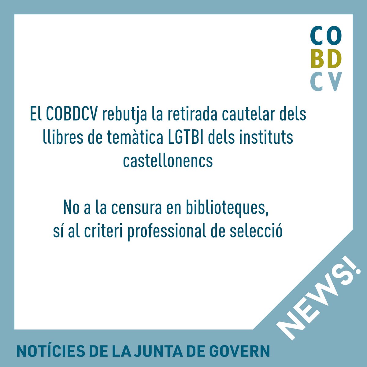 cobdcv's tweet photo. El COBDCV reivindica el criteri tècnic i professional per a garantir unes col·leccions bibliogràfiques de qualitat. La diversitat a les biblioteques valencianes ha de ser una garantia, ja siguen biblioteques escolars, públiques, universitàries o especialitzades. https://t.co/YKg27E8tqm