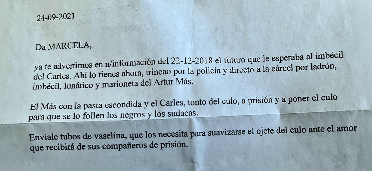 KRLS's tweet photo. M'he sotmès sempre a la justícia. Si el que vol dir és que no m'he deixat vulnerar els meus drets pel clan de la toga, té raó. Per cert, aquí té un exemple recent del que pensen alguns dels seus companys de lluita per la pàtria i tenen la "delicadesa" d'enviar a la meva família. https://t.co/Fv5c6Fsn7C