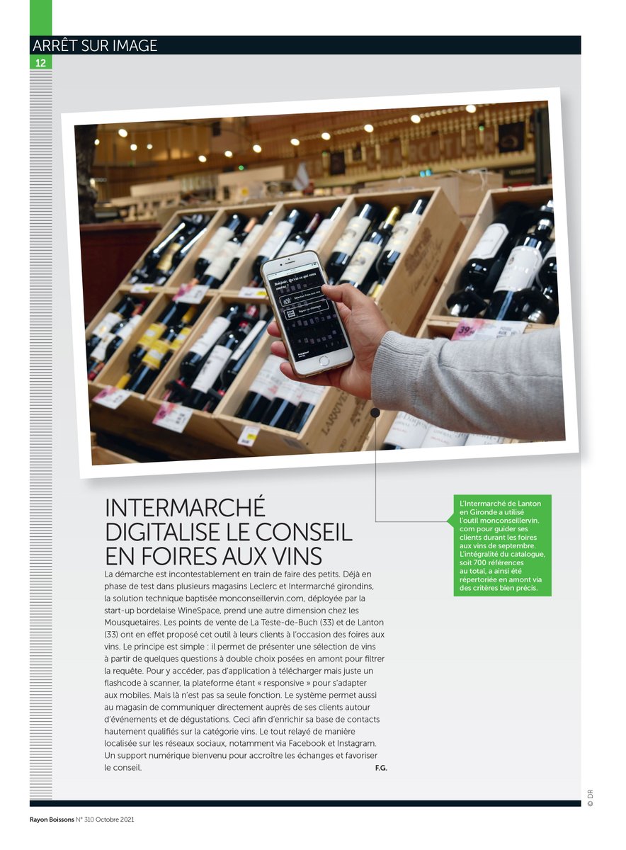 Winespace (@winespace_fr) on Twitter photo Dans son numéro d'octobre 2021, @RayonBoissons parle de monconseillervin.com, le conseiller digital en place dans plusieurs magasins <a href="/intermarche/">Intermarché</a>
#foireauxvins #wia #winetech #innovation #rayonvin Dans son numéro d'octobre 2021, @RayonBoissons parle de monconseillervin.com, le conseiller digital en place dans plusieurs magasins <a href="/intermarche/">Intermarché</a>
#foireauxvins #wia #winetech #innovation #rayonvin