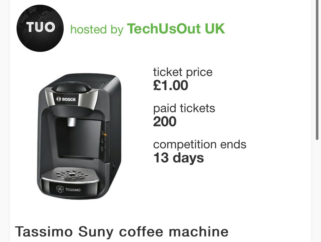 Tech_us_out's tweet image. Win a Tassimo suny podcoffee machine for just £1. 13 days left .. 🌎