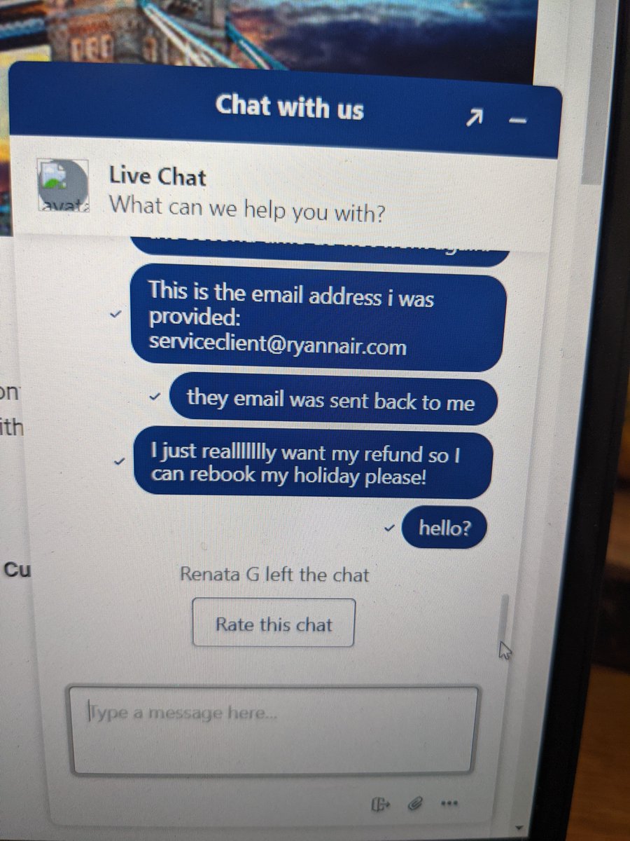 Kweekie's tweet photo. Been trying to get a refund from 
@Ryanair
 since July. 5 times with customers services. Terrible customer service and advice!
 Still no refund for a flight they changed. https://t.co/sJsaZeuj7G