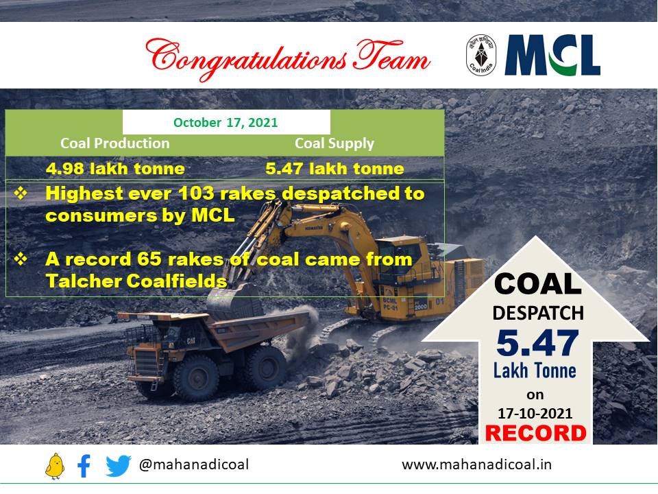 mahanadicoal's tweet photo. Despatched highest ever 5.47 lakh tonne #coal to consumers on Sunday, surpassing the previous record of 5.45 lakh tonne. 
MCL also despatched the highest 103 rakes via rail mode, with a record 65 rakes coming from #Talcher coalfields.
#MyMCL #CoalTheSoulOfIndia https://t.co/IUC4D8Y0NF