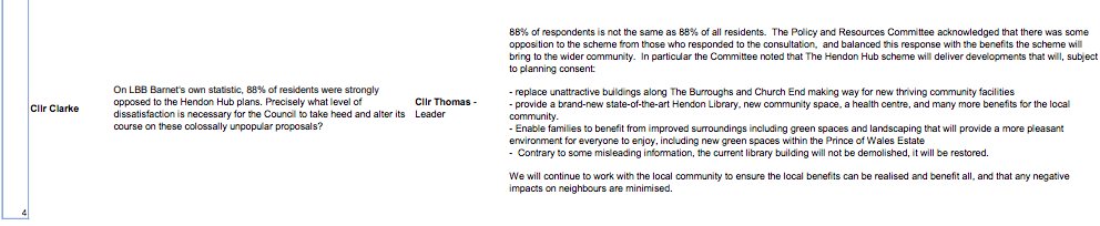 A question from <a href="/anne_clarke/">Cllr Anne Clarke AM</a> to Barnet Tory Leader Dan Thomas for tomorrow night's Full Council about the Hendon Hub has been given a truly shocking response which proves statutory consultation is a farce, in Broken Barnet.  88% objections can be ignored, apparently: