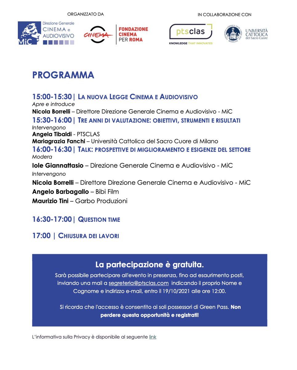 ptsclas's tweet image. TRE ANNI DI VALUTAZIONE DI IMPATTO DELLA NUOVA LEGGE CINEMA E AUDIOVISIVO.
Obiettivi, strumenti, dati e prospettive di miglioramento.

🗓mercoledì 20 ottobre 2021
📍Auditorium Parco della Musica - Sala Teatro Studio Gianni Borgna
⏰15:00-17:00

#noicisiamo #knowledgethatinnovates