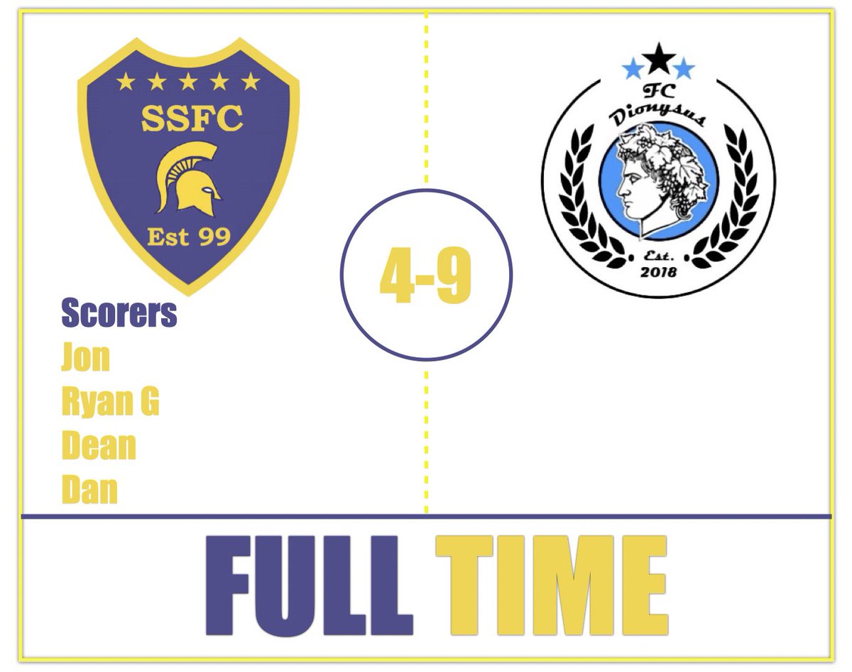 Disappointing 9-4 loss to <a href="/FC_Dionysus/">FC Dionysus</a> yesterday. Congratulations to them on making it through to the next round and good luck for the rest of the comp. Big shout out to MOTM @AshleyBertram1 &amp; <a href="/dean_geary5/">Dean</a>  for getting between the sticks and putting a shift in never easy. #SSFC