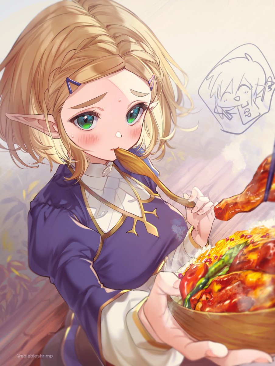 リンク(ゼルダの伝説) ,ゼルダ姫 「近衛騎士の作るご飯が美味しくてついつい食べすぎてしまう姫🍗🍗🍗 」|朱里/shuriのイラスト