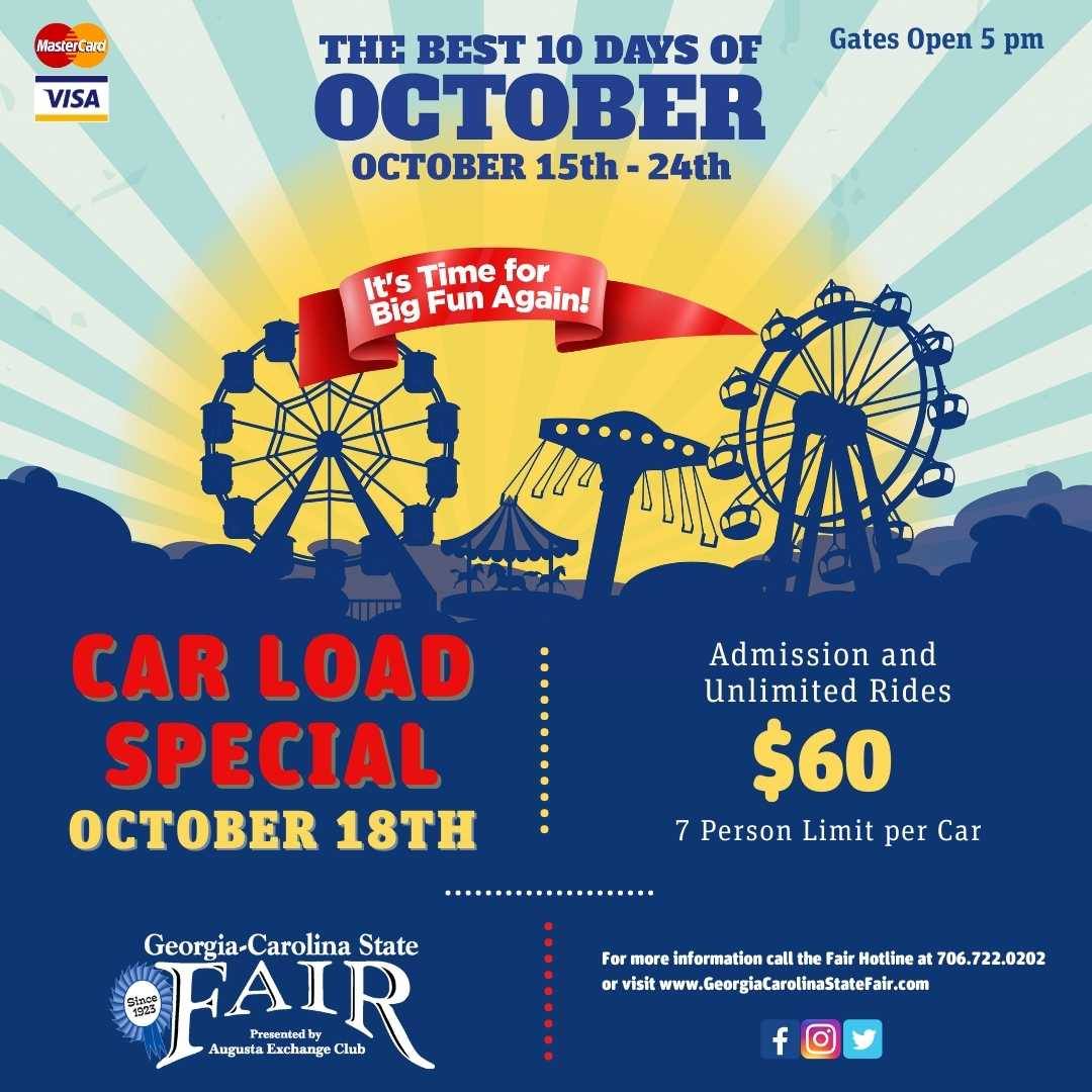 stratesshows's tweet photo. Load um up! Car Load Special Day at the Georgia-Carolina State Fair Admission &amp; Unlimited Rides for $60 (7 person max per car). https://t.co/nDvJDmzAVW