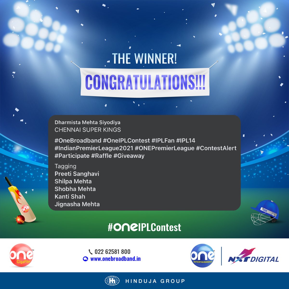 onegigafiber's tweet photo. Congratulations to the winner of IPL 14 and also to the winner of our for our #OneIPLContest. Lots of love for your active participation!
#OneBroadband #OneIPLContest #ContestWinner #ONEPremierLeague https://t.co/WFkzSGl5bh