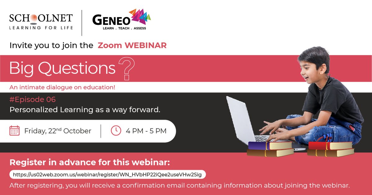 SchoolnetIndia's tweet photo. We invite you to join the engaging dialogue in our next episode of #webinar series, #BigQuestions, presenting viewpoints and suggestions about various aspects related to education.

Date – Friday, 22 Oct
Time – 4:00

Register in advance for this webinar - https://t.co/rp7OwdAI59 https://t.co/r8WJJrIzaa