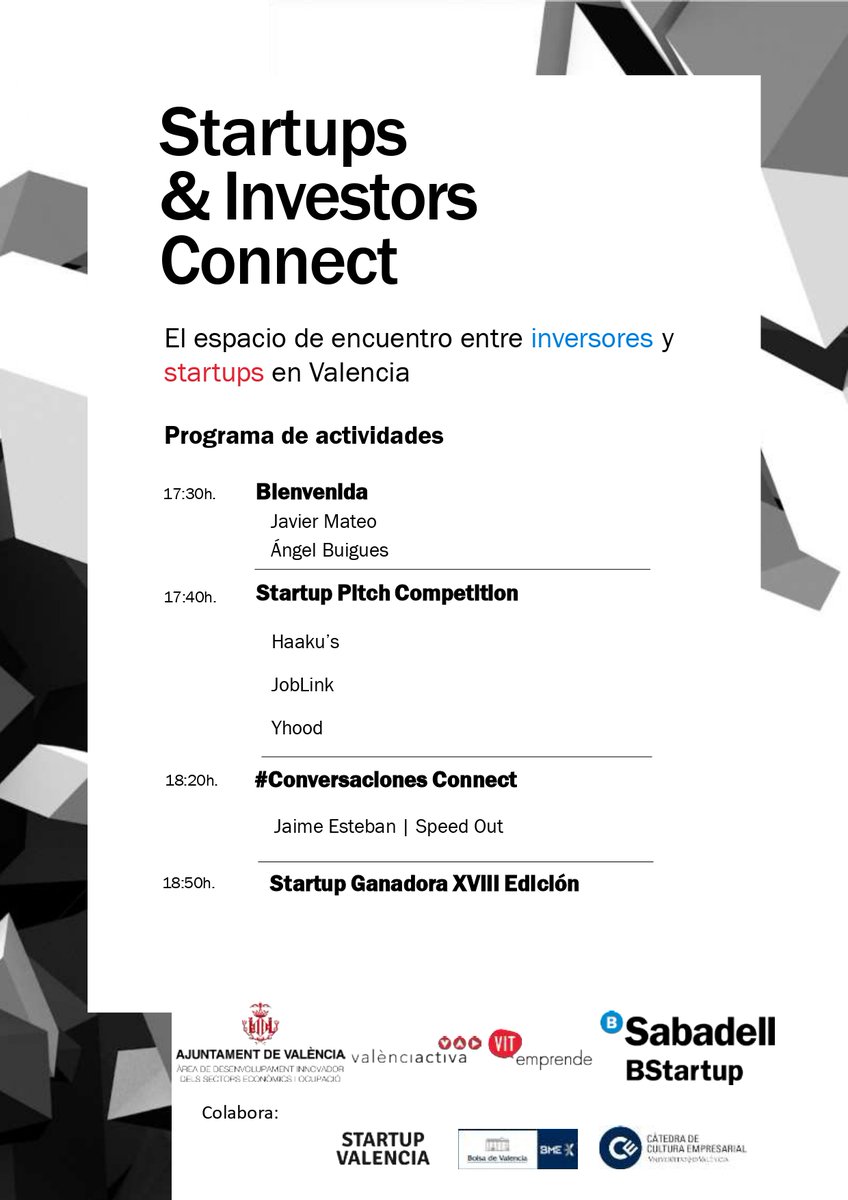vlciconnect's tweet photo. ‼ ¡Vuelve el #SIConnect! ‼
📜 Aquí tenéis la agenda del próximo SI Connect.
🗣 En esta edición las #ConversacionesConnect contarán con la presencia de @jestebancid, CEO de #Speedout.
Y como finalistas estarán:
👉 @Yhood_Life
👉 #Haakus
👉 #JOBLink
https://t.co/gAa1zcuUMF https://t.co/zt3qNdb5Uc