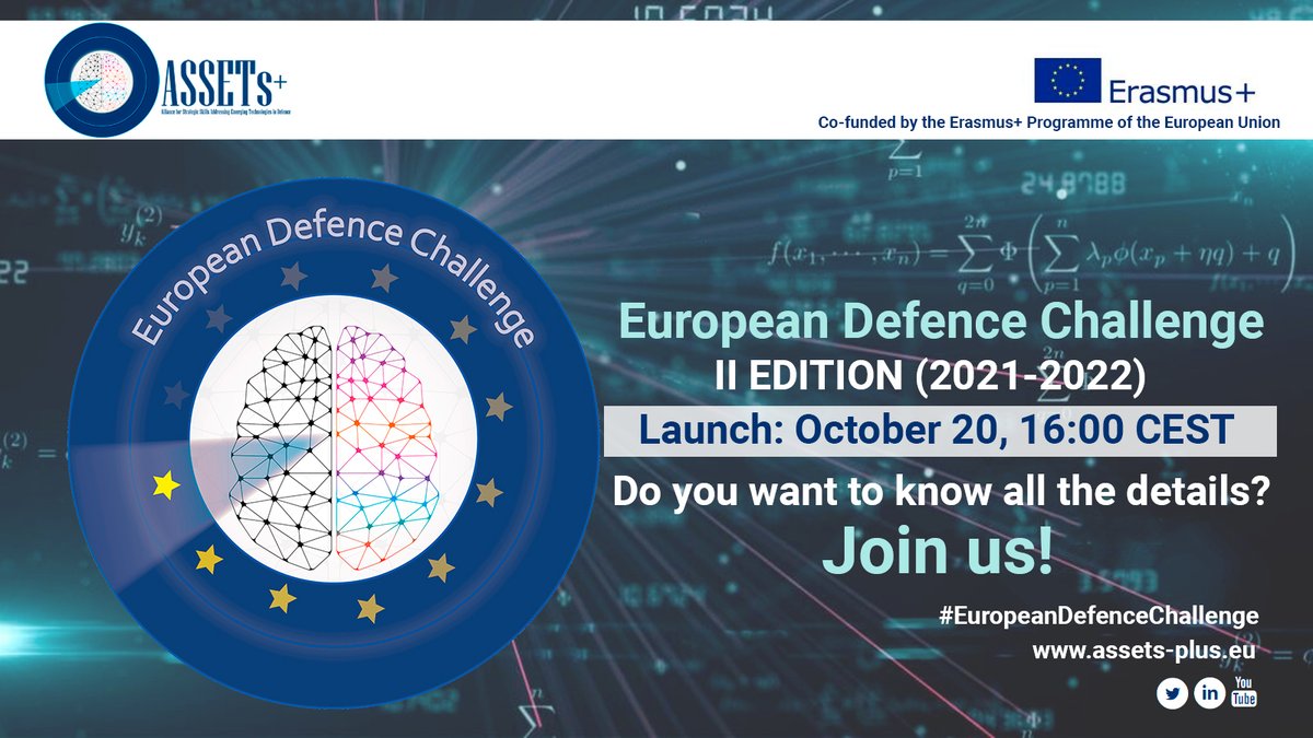 📢#EuropeanDefenceChallenge II edition is coming! Do you want to know all the details of this edition? Join us!
▶️October 20, 16:00 CEST
▶️assets-plus.eu/the-ii-edition…
<a href="/EUErasmusPlus/">Erasmus+</a> <a href="/defis_eu/">EU Defence and Space</a> #Pact4Skills <a href="/La_UPM/">Universidad Politécnica de Madrid</a> <a href="/PolitechnikaRz/">Politechnika Rzeszowska im. Ignacego Łukasiewicza</a> <a href="/Unipisa/">Università di Pisa</a> <a href="/FondazBrodolini/">Fondazione Giacomo Brodolini</a>