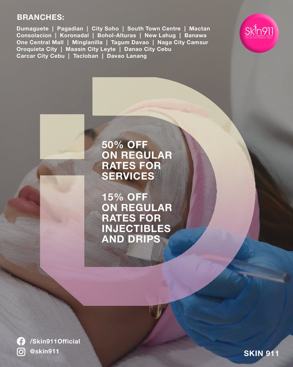 uscidiscount's tweet photo. SKIN 911
50% off on regular rates for services and 15% off on regular rates for injectibles and drips
Open to all students, staff, faculty, and alumni
Valid until July 31, 2022
#Skin911xUSCIDiscount
#USCIDiscount2021
#USCSSC https://t.co/WCo66rshot
