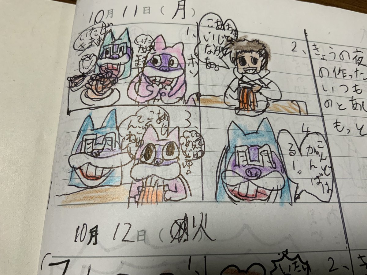 最近画伯は漫画で日記を描き始める。
ナポリタンの味が濃かった、学校に帰りにお化けマンションを見た、業務用スーパーに行ったらママが浮かれて爆買いしてた、ショッピングモールでの楽しかったことなどが綴られている。 