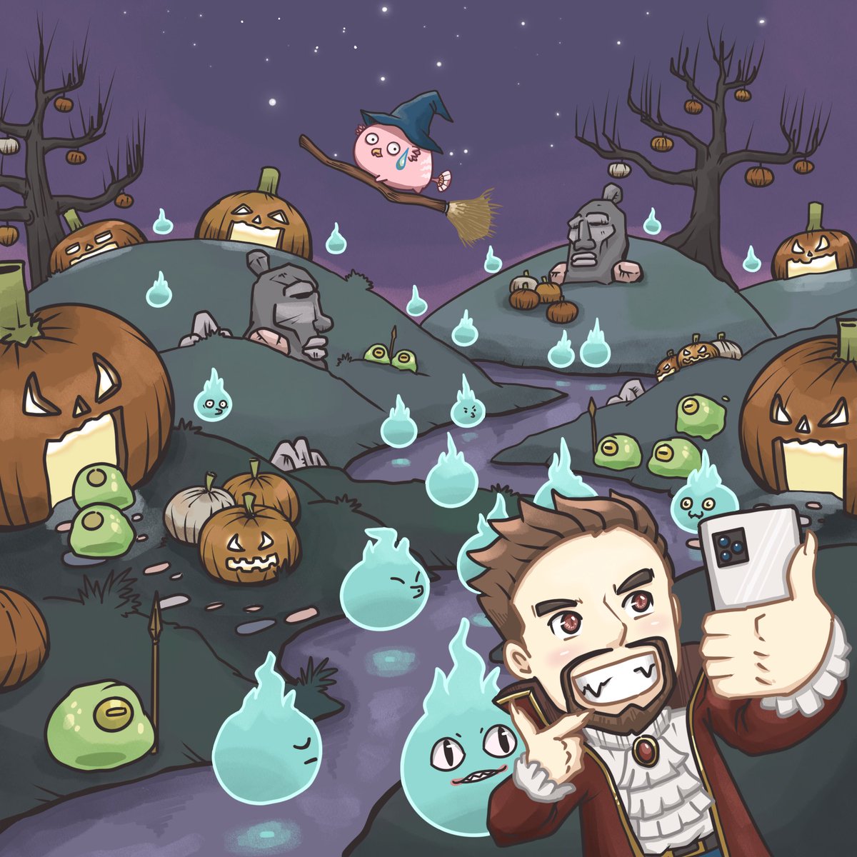 TheKawaiiLab_'s tweet photo. @starkaxiefam @GeometricCAN @Stark_axie Stark Axie (in vampire costume) on a rare chance to visit the Lunacia Pumpkin Village. Happy #halloween2021 

#AxieInfinity https://t.co/HlCBROXm8p