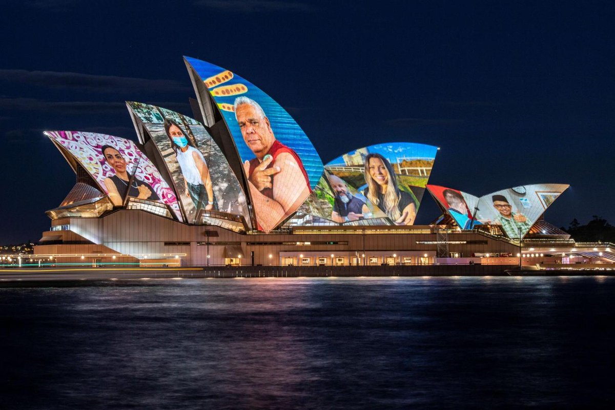 A projection on the Sydney Opera House celebrates frontline workers and those who have been vaccinated as NSW passes the 80 per cent double dose milestone. Photos by <a href="/ShooterWol/">Wolter Peeters</a>