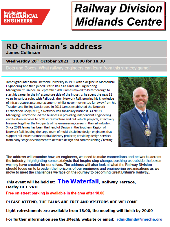IMechERDMidland's tweet photo. Our Chairman's address is this Wednesday! Join us at The Waterfall in Derby at 6pm. 
#RDMidlands #IMechE #events https://t.co/ouuwfeeXOI