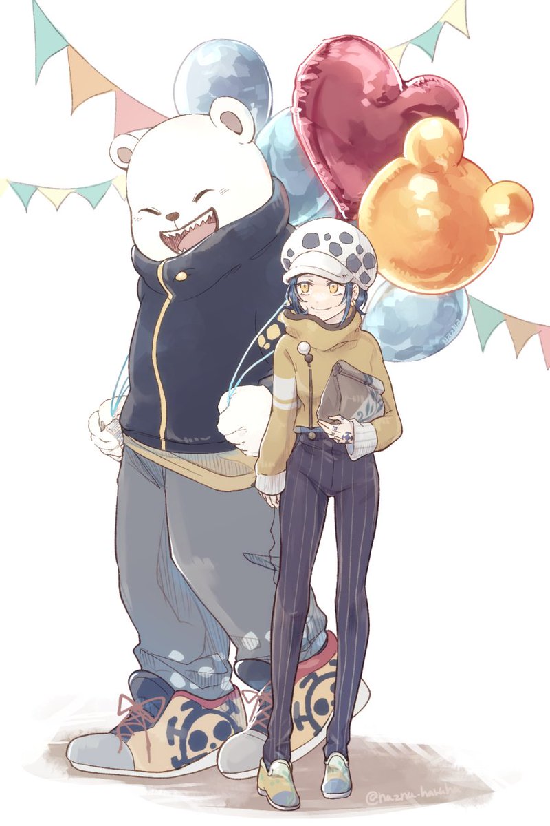 trafalgar law balloon smile hat holding balloon yellow eyes polar bear blue hair  illustration images