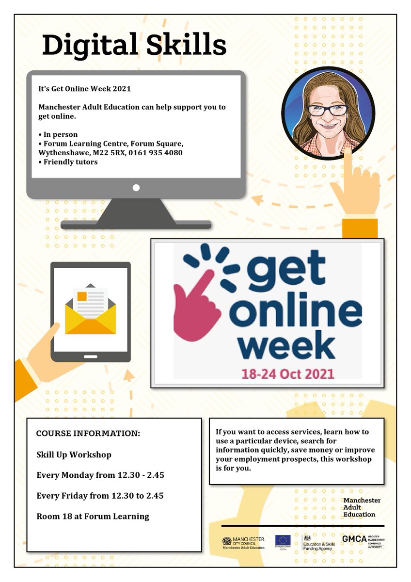 📱 Want to improve your digital skills? Need help using the Internet?💻 <a href="/MAESDigital/">MAESDigital</a> can help this @GetOnlineWeek they are holding courses <a href="/ForumCentre/">Forum, Wythenshawe</a>  #Wythenshawe  <a href="/MCCWythenshawe/">MCC Wythenshawe</a>