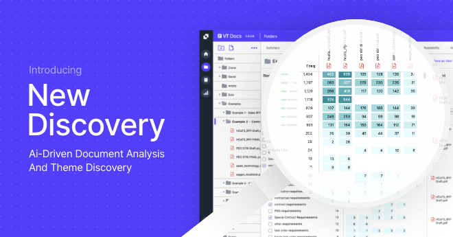 VisibleThread's tweet image. Today, we launch VT Docs 4.0 featuring New Discovery. Driven by #AI, New Discovery automatically isolates key themes in complex documentation to reduce risk, increase compliance, and ease the burden of the manual #RFPprocess for busy teams. Learn more: bit.ly/3pajyFd.