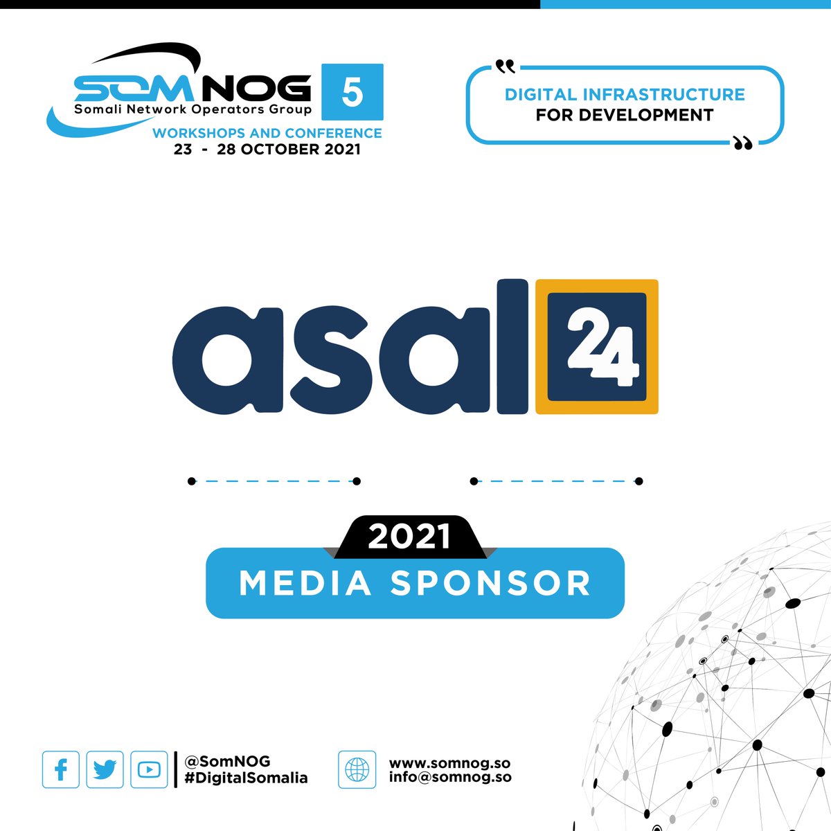 SomNOG's tweet image. We are very thrilled to announce that @asal24tv will be our Media Sponsor for the #SomNOG5 event 2021. 

We thank @asal24tv for sponsoring this premier ICT event.
Conference Registration: somnog.so

#DigitalSomalia #Somalia #Digitalinfrastructure #SomNOG2021