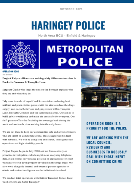 MPSHaringey's tweet photo. Please find our latest #OpRook newsletter.
We are working hard to reduce drug dealing, drug activity, violence and anti-social behaviour in #TurnpikeLane and #DuckettsCommon
We hope you find this update useful.
#HarringayWard #ReducingCrime https://t.co/ZwdcocTNDz