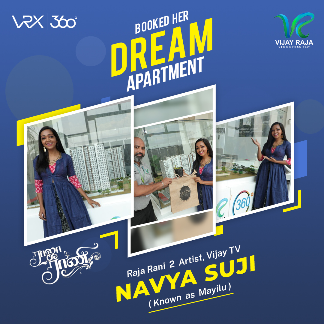 vijayrajahomes's tweet photo. Raja Rani 2 Artist, Vijay TV - Navya Suji (Known as Mayilu)
Booked her dream apartment in VRX - 360
We welcome her to Vijay Raja family
We wish her a great living in our lifestyle community.
#vijayrajagroup #vrx #vrx360 #newbeginnings #homes #chennairealestate #newhome https://t.co/iavcUBJAQC