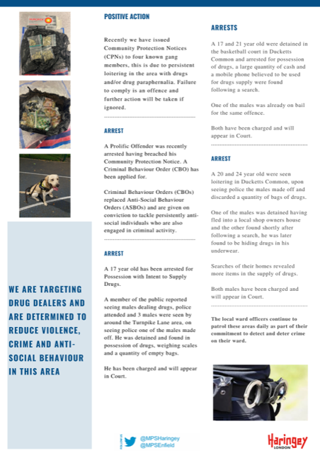 MPSHaringey's tweet photo. Please find our latest #OpRook newsletter.
We are working hard to reduce drug dealing, drug activity, violence and anti-social behaviour in #TurnpikeLane and #DuckettsCommon
We hope you find this update useful.
#HarringayWard #ReducingCrime https://t.co/ZwdcocTNDz