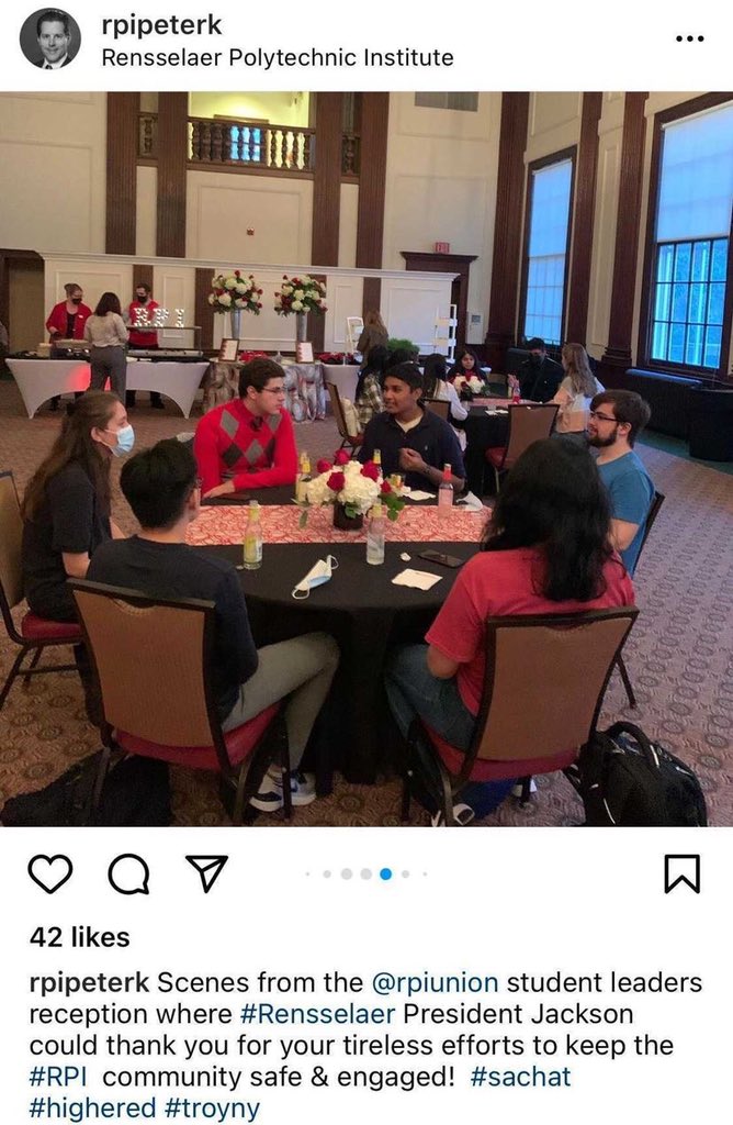 Twattts's tweet photo. Whats going on here @rpi ? Maskless, close quarters, indoors?! Little hypocritical innit? What’s the difference between them and the families and friends of student athletes? @FrankRossi @D3FBHuddle https://t.co/wEsBKSYsja