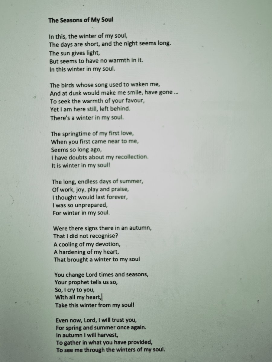 Last weekend students looked at how scripture shapes our spirituality, particularly the #Psalms and we explored #lament. We encouraged one another to write our own psalm and this is one that came in response: 'Seasons of My Soul'