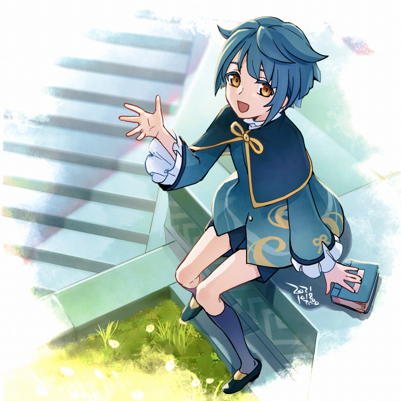 xingqiu (genshin impact) 1boy male focus blue hair book open mouth solo frilled sleeves  illustration images