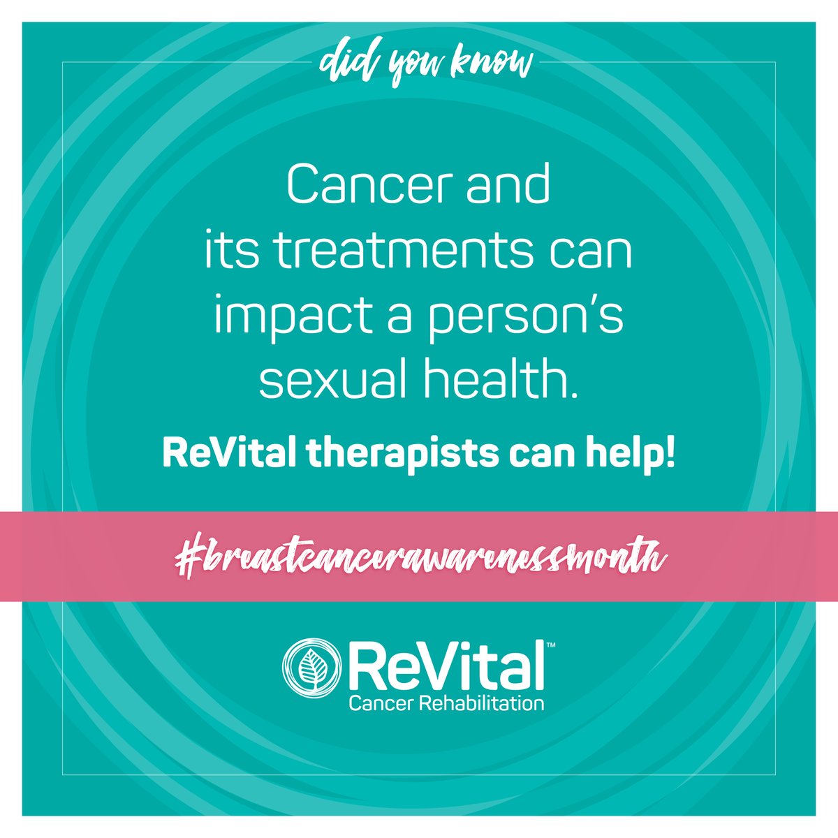 ReVital Cancer Rehabilitation therapists can help people impacted by breast cancer reach their sexual health goals. Visit ow.ly/Iur250Gt1BP to learn more.  
#BreastCancerAwarenessMonth #CancerRehab #LivingWellBeyondCancer