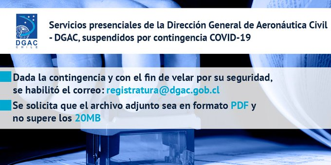 DGACChile's tweet photo. [#Atención] Informamos que la @DGACChile está recibiendo la documentación a través del correo electrónico registratura@dgac.gob.cl y #DocDigital para las comunicaciones con organismos públicos. https://t.co/YQjWlhKYSR