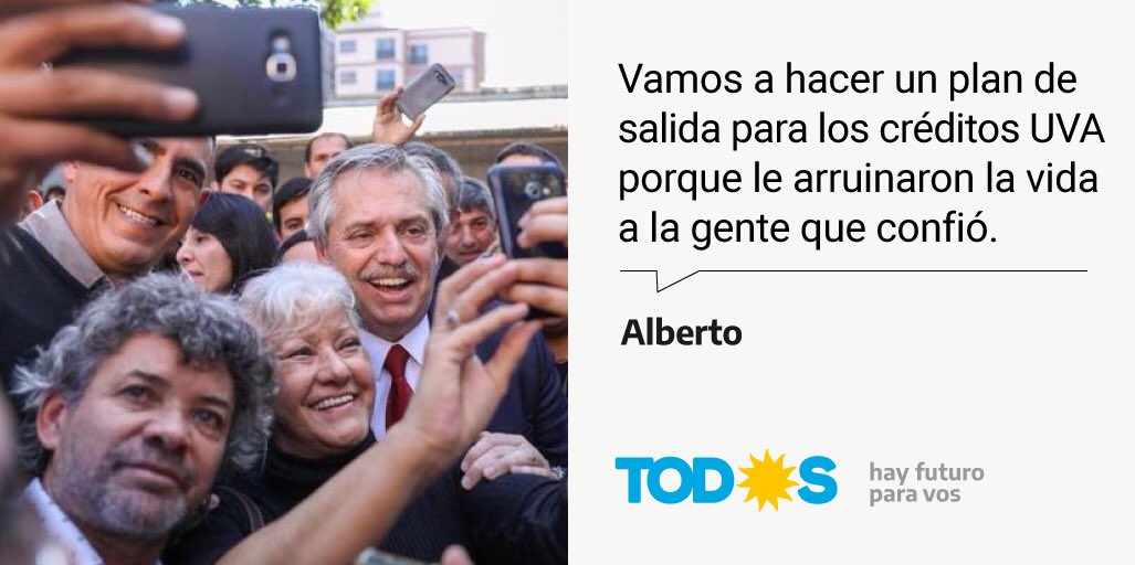 <a href="/alferdez/">Alberto Fernández</a> En Argentina el gobierno anterior otorgo créditos usureros, este gobierno los uso como promesa de campaña y no está haciendo nada para revertir la situación. Al día de hoy se sigue esperando una solución. <a href="/hipotecadosuva/">@HipotecadosUVANacional</a> <a href="/UvaAutomotores/">Prendarios y Personales UVA</a>  #UsuraUVA