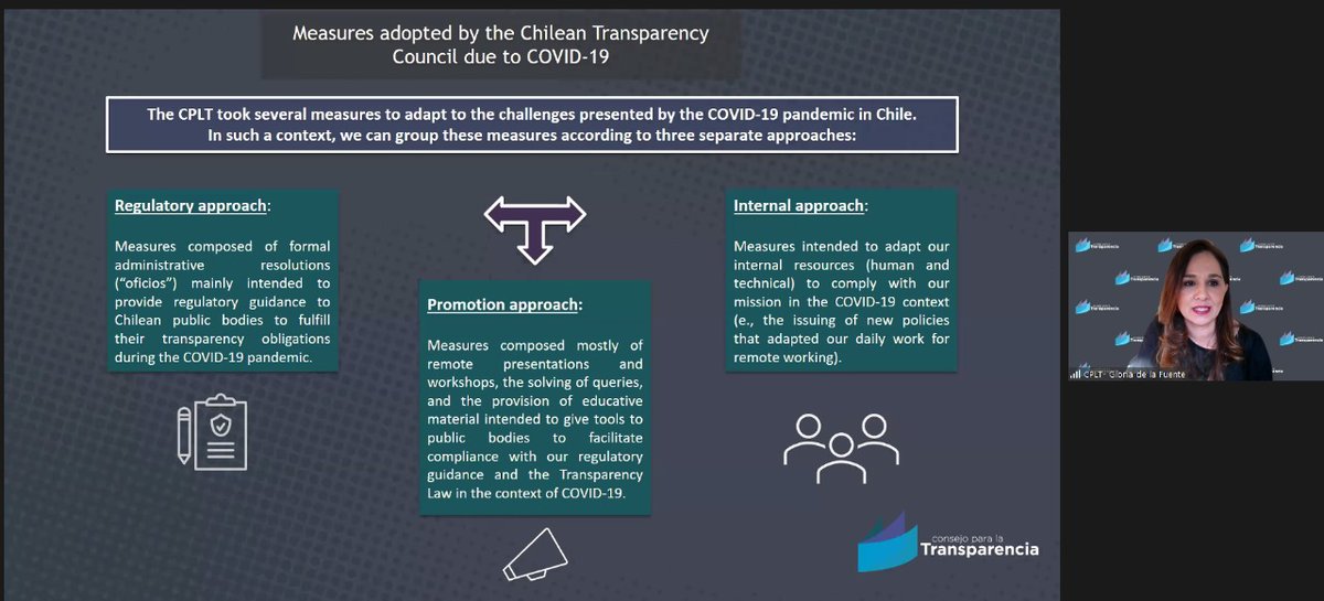 ctransparencia's tweet image. Pdta #CPLT @gdelafue expuso en conferencia "Government Beyond Recovery", organizada por @OECD. las principales acciones impulsadas por el organismo en Chile para conseguir acceso a la información relacionada con gestión de #COVID19 y campaña de vacunación. #GovRecovery
