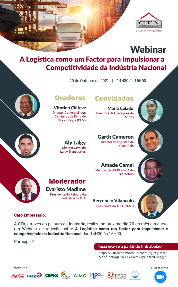 Participe neste webinar de reflexão em torno dos desafios e oportunidades para tornar a #logística como um factor fundamental para impulsionar a competitividade da #indústria nacional. 

Inscreva-se através do link: us02web.zoom.us/meeting/regist…

Pela Melhoria do Ambiente de #Negócios!