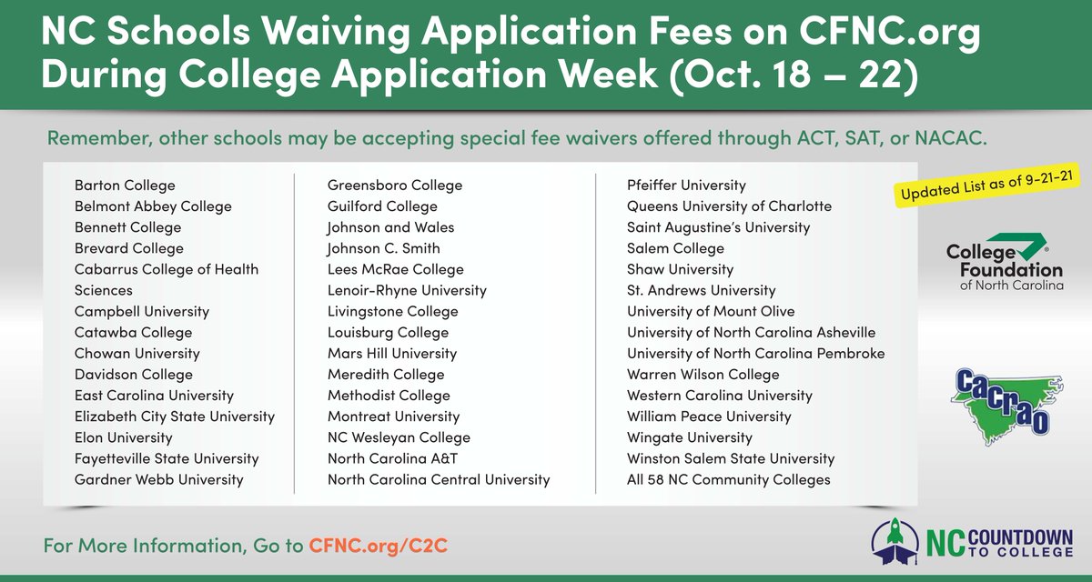 College Application Week begins TODAY and runs through FRIDAY! Check out the NC colleges and universities that are waiving fees! Be sure to visit the Countdown to College page on the <a href="/CFNC/">CFNC</a> website to get started with the application process - bit.ly/3mTAZq6.