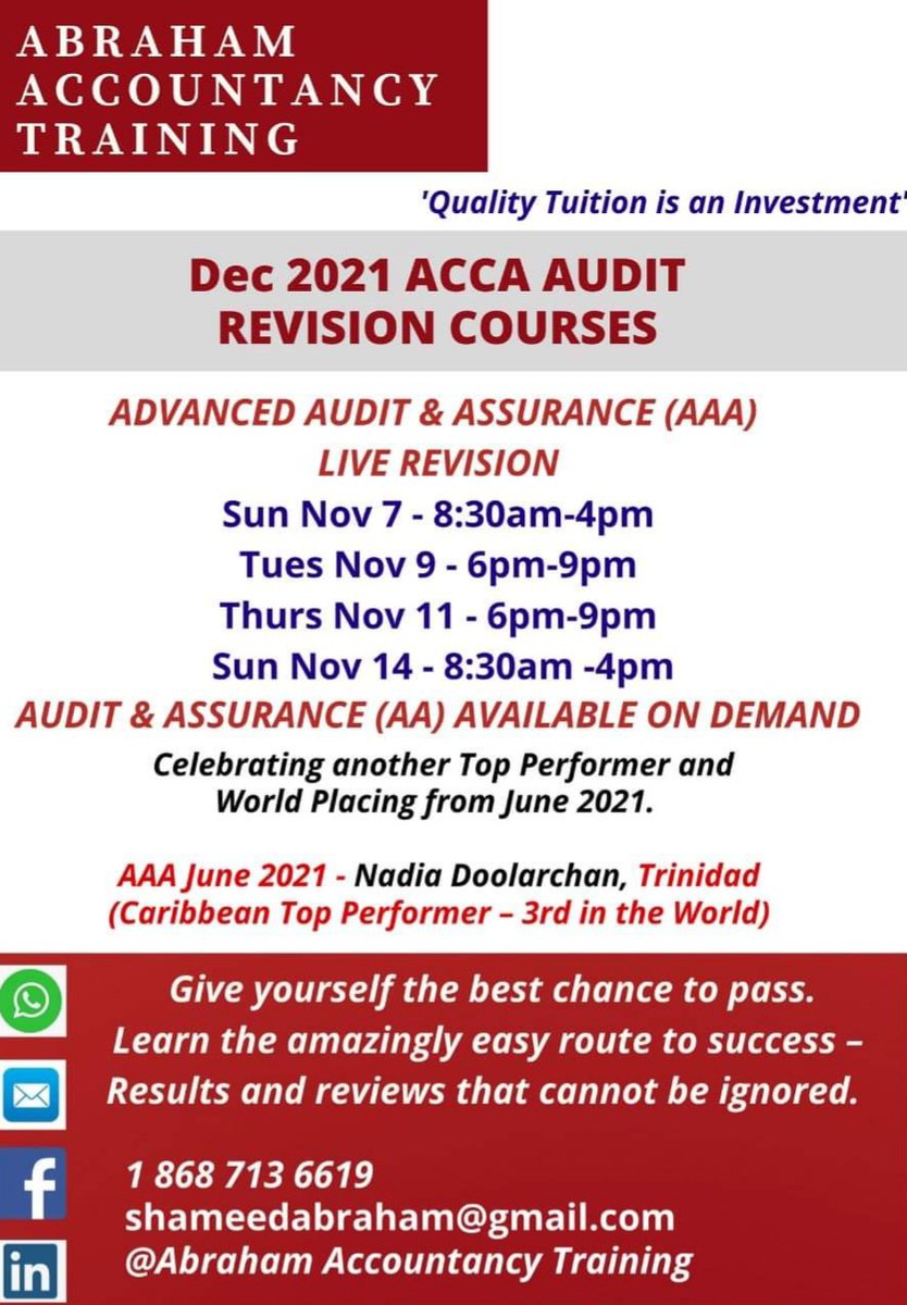 lkaphoenix's tweet image. Our #ACCA Audit #RevisionCourse Dates are out.  In preparation for your December exams - Contact us today for more details on how to access the classes and be on your way towards passing the upcoming exams. ACCA Silver Approved ALP #AbrahamAccountancyTraining has what you need!