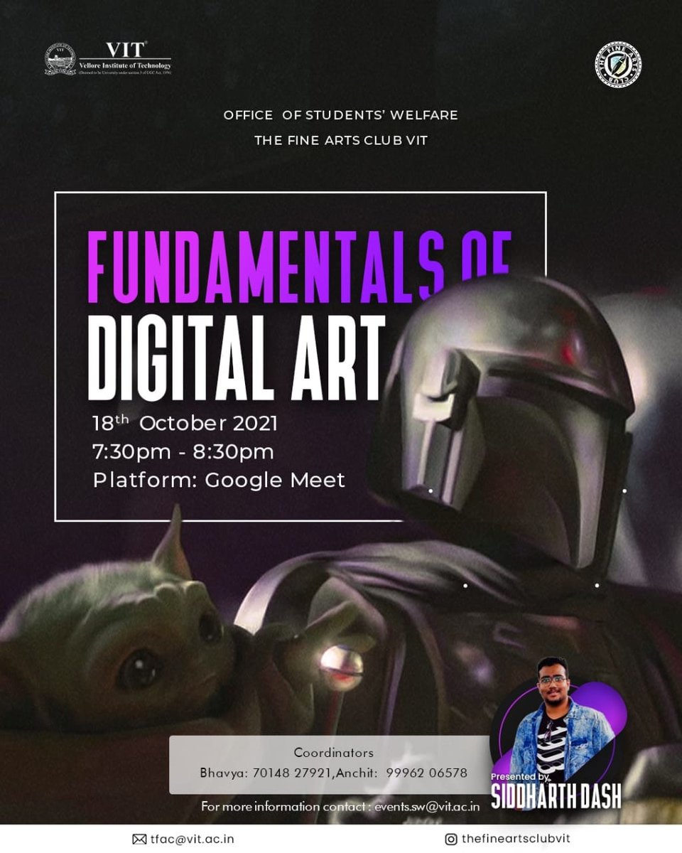 VIT_univ's tweet photo. #TheFineArtsClub, #VIT is organizing a workshop on “Fundamentals of #DigitalArt”. The participants will learn the basics of digital art and to use the tools, brushes, and techniques.

Event link: https://t.co/DrV4MdEq2V

#Workshop
#TFAC
#TodayAtVIT
#DigitalDesigning
#DigitalMedia https://t.co/ZgwwpHZzNU