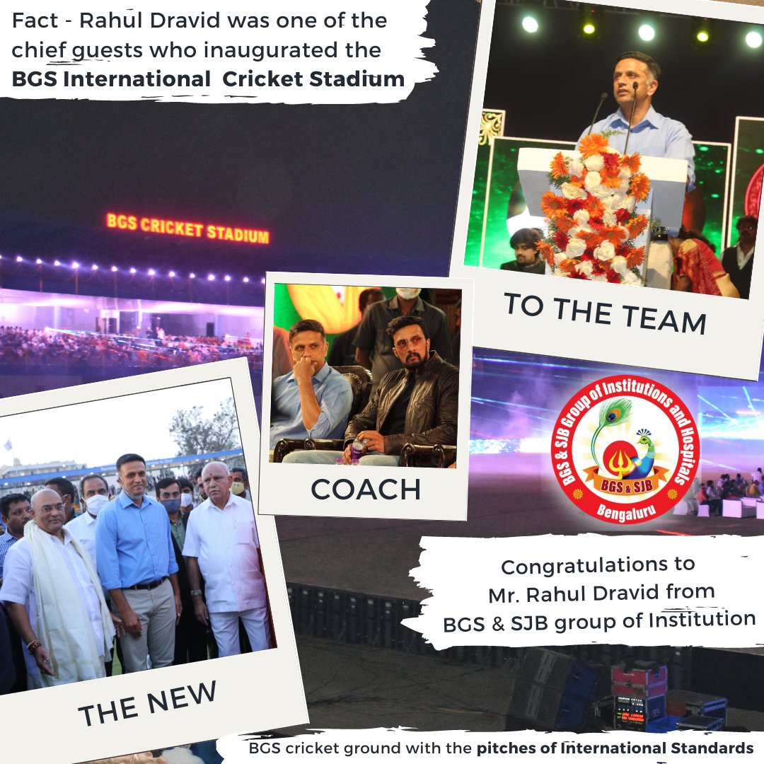 BGS &amp; SJB group of Institutions wishes #RahulDravid on imminent appointment as head coach.

Rahul Dravid was one of the chief guests who inaugurated the
BGS International  Cricket Stadium.

#BGS #BGSandSJB #RahulDravid #TheWall #Cricket #IndianCoach #BGSCricketStadium