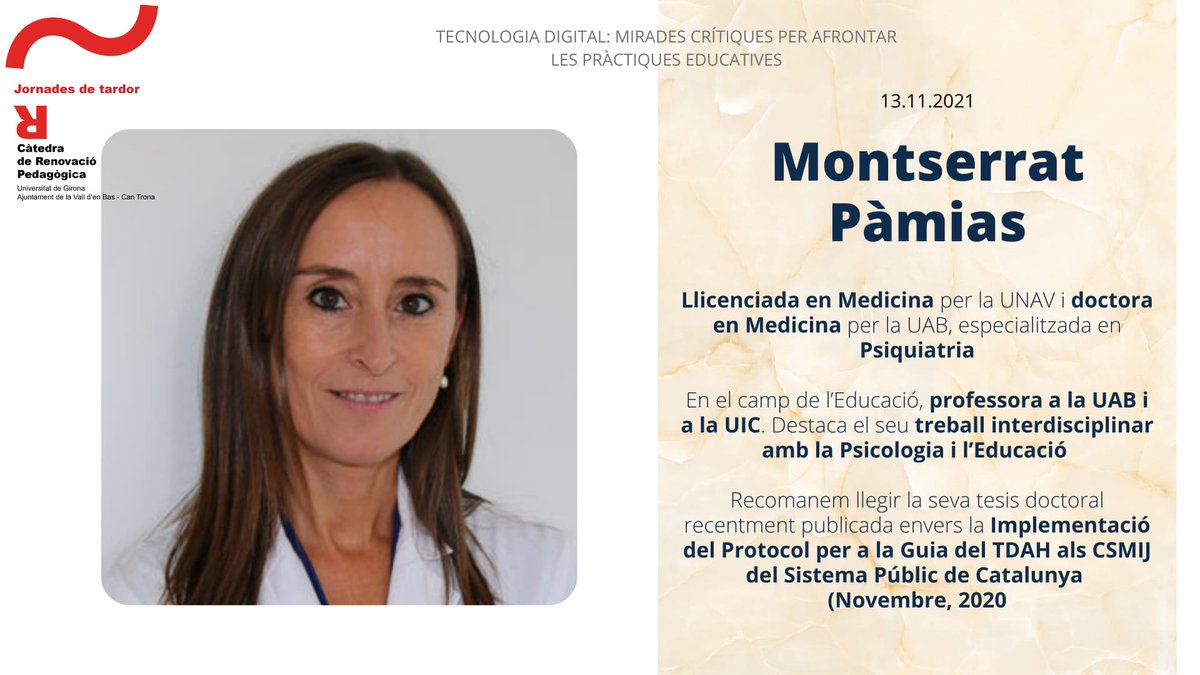 ajuntamentbas's tweet photo. 👩‍🎓📱 Us presentem la ponència de Montserrat Pàmias dins les Jornades de Tardor de la @CatedraRP_UdG titulada 'La conducta addictiva i les noves tecnologies'.

📆 13 nov
⏰ 9.30h
📍@CanTrona
🏛 📺 Presencial o streaming amb reserva prèvia. 
#LaValldenBas
#LaValldenBasEduca https://t.co/shASIaacda